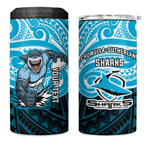 Custom Cronulla-Sutherland Sharks 4 in 1 Can Cooler Tumbler Shark Warrior Polynesia Islander Rugby Mascot