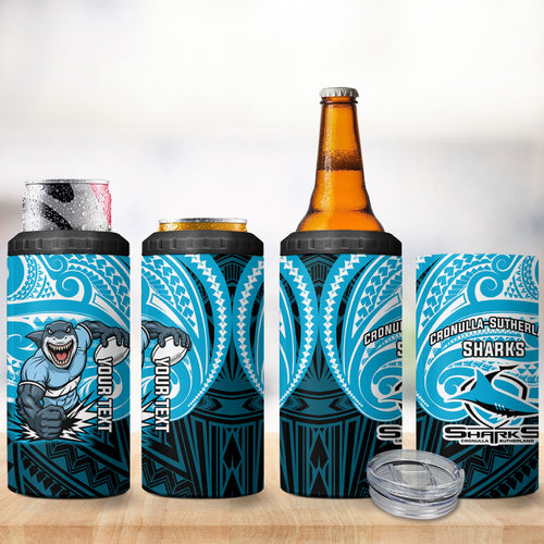 Custom Cronulla-Sutherland Sharks 4 in 1 Can Cooler Tumbler Shark Warrior Polynesia Islander Rugby Mascot
