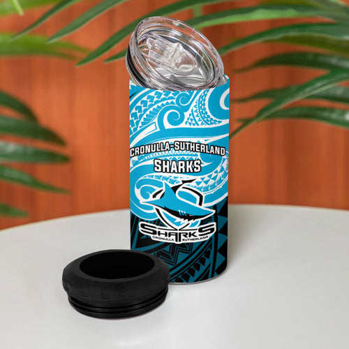 Custom Cronulla-Sutherland Sharks 4 in 1 Can Cooler Tumbler Shark Warrior Polynesia Islander Rugby Mascot