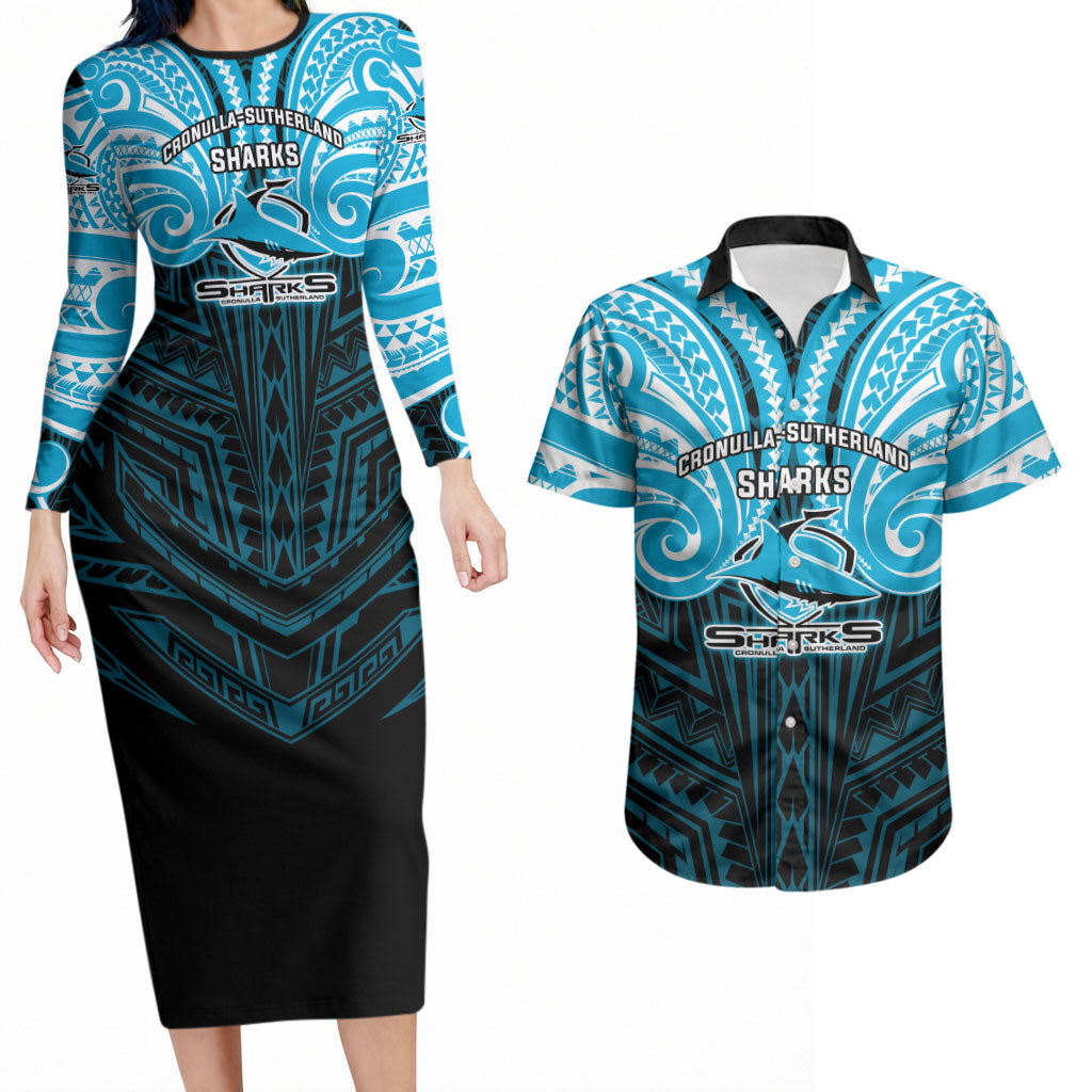 Custom Cronulla-Sutherland Sharks Couples Matching Long Sleeve Bodycon Dress and Hawaiian Shirt Shark Warrior Polynesia Islander Rugby Mascot