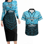 Custom Cronulla-Sutherland Sharks Couples Matching Long Sleeve Bodycon Dress and Hawaiian Shirt Shark Warrior Polynesia Islander Rugby Mascot