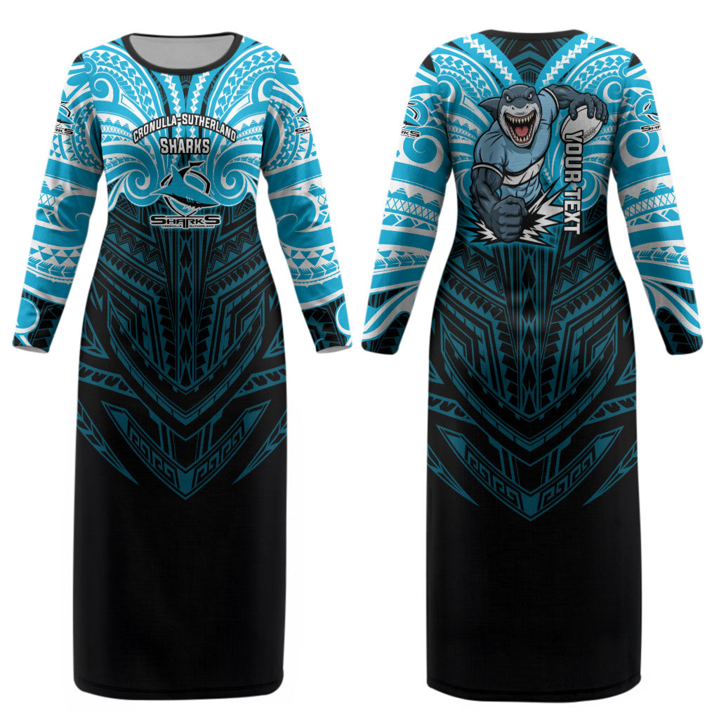 Custom Cronulla-Sutherland Sharks Couples Matching Long Sleeve Bodycon Dress and Hawaiian Shirt Shark Warrior Polynesia Islander Rugby Mascot