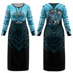 Custom Cronulla-Sutherland Sharks Couples Matching Long Sleeve Bodycon Dress and Hawaiian Shirt Shark Warrior Polynesia Islander Rugby Mascot
