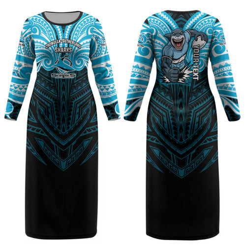 Custom Cronulla-Sutherland Sharks Couples Matching Long Sleeve Bodycon Dress and Hawaiian Shirt Shark Warrior Polynesia Islander Rugby Mascot