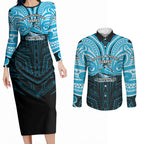 Custom Cronulla-Sutherland Sharks Couples Matching Long Sleeve Bodycon Dress and Long Sleeve Button Shirt Shark Warrior Polynesia Islander Rugby Mascot