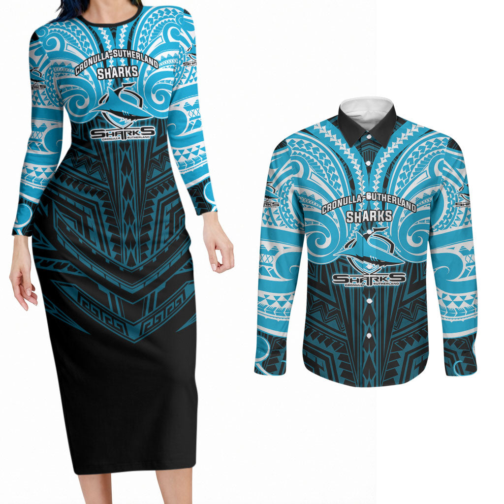 Custom Cronulla-Sutherland Sharks Couples Matching Long Sleeve Bodycon Dress and Long Sleeve Button Shirt Shark Warrior Polynesia Islander Rugby Mascot