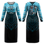 Custom Cronulla-Sutherland Sharks Couples Matching Long Sleeve Bodycon Dress and Long Sleeve Button Shirt Shark Warrior Polynesia Islander Rugby Mascot
