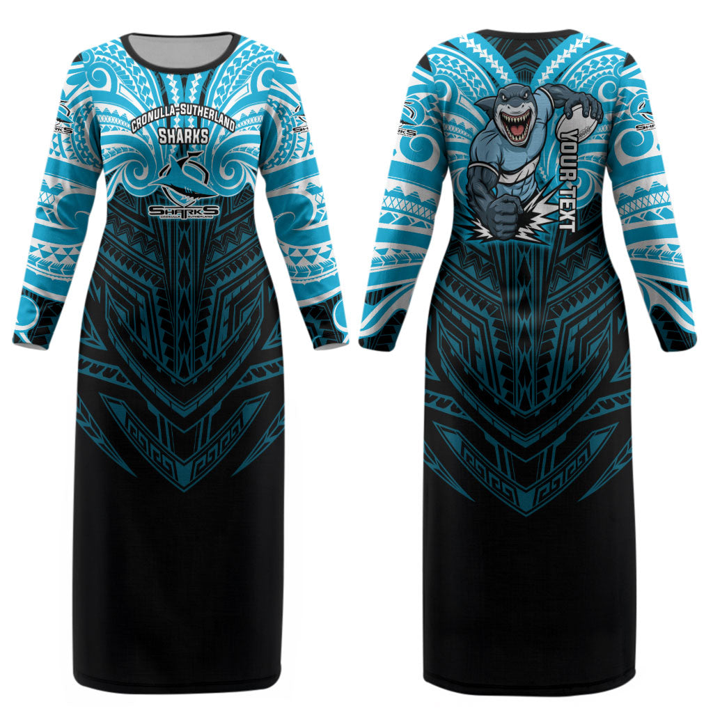 Custom Cronulla-Sutherland Sharks Couples Matching Long Sleeve Bodycon Dress and Long Sleeve Button Shirt Shark Warrior Polynesia Islander Rugby Mascot