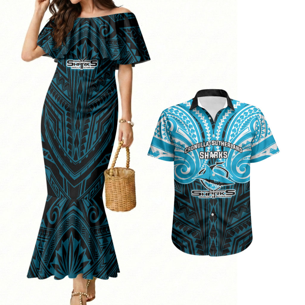 Custom Cronulla-Sutherland Sharks Couples Matching Mermaid Dress and Hawaiian Shirt Shark Warrior Polynesia Islander Rugby Mascot