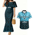 Custom Cronulla-Sutherland Sharks Couples Matching Mermaid Dress and Hawaiian Shirt Shark Warrior Polynesia Islander Rugby Mascot