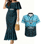Custom Cronulla-Sutherland Sharks Couples Matching Mermaid Dress and Hawaiian Shirt Shark Warrior Polynesia Islander Rugby Mascot