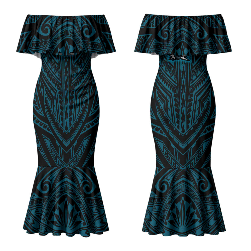 Custom Cronulla-Sutherland Sharks Couples Matching Mermaid Dress and Hawaiian Shirt Shark Warrior Polynesia Islander Rugby Mascot