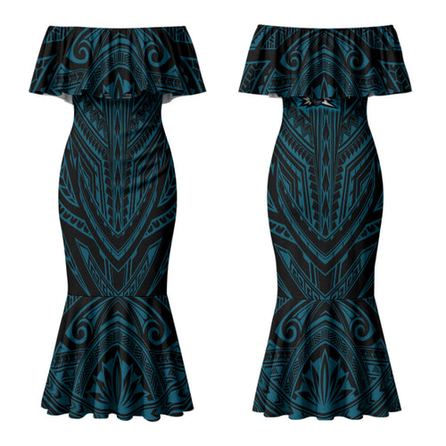 Custom Cronulla-Sutherland Sharks Couples Matching Mermaid Dress and Long Sleeve Button Shirt Shark Warrior Polynesia Islander Rugby Mascot