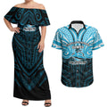 Custom Cronulla-Sutherland Sharks Couples Matching Off Shoulder Maxi Dress and Hawaiian Shirt Shark Warrior Polynesia Islander Rugby Mascot