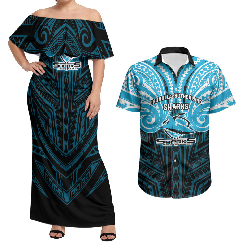 Custom Cronulla-Sutherland Sharks Couples Matching Off Shoulder Maxi Dress and Hawaiian Shirt Shark Warrior Polynesia Islander Rugby Mascot
