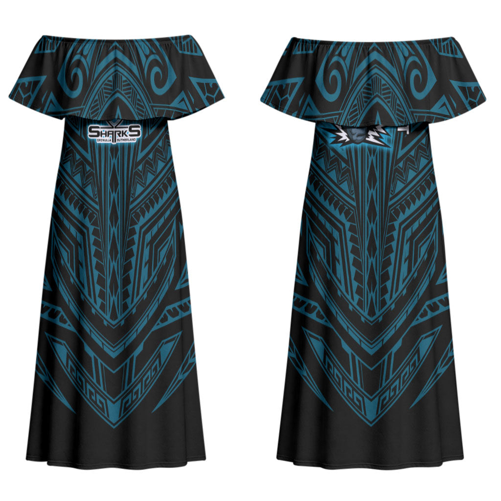 Custom Cronulla-Sutherland Sharks Couples Matching Off Shoulder Maxi Dress and Hawaiian Shirt Shark Warrior Polynesia Islander Rugby Mascot