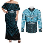 Custom Cronulla-Sutherland Sharks Couples Matching Off Shoulder Maxi Dress and Long Sleeve Button Shirt Shark Warrior Polynesia Islander Rugby Mascot