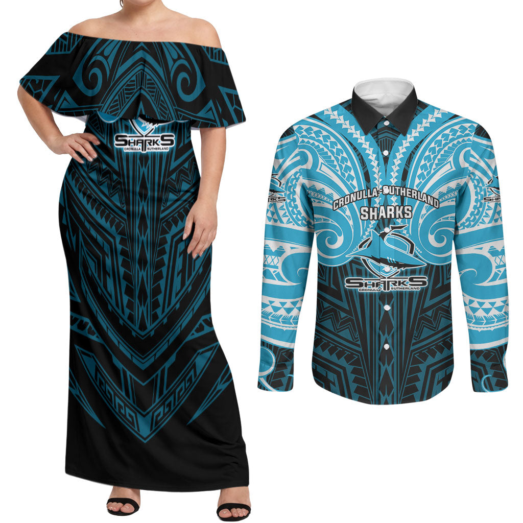 Custom Cronulla-Sutherland Sharks Couples Matching Off Shoulder Maxi Dress and Long Sleeve Button Shirt Shark Warrior Polynesia Islander Rugby Mascot