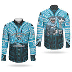 Custom Cronulla-Sutherland Sharks Couples Matching Off Shoulder Maxi Dress and Long Sleeve Button Shirt Shark Warrior Polynesia Islander Rugby Mascot