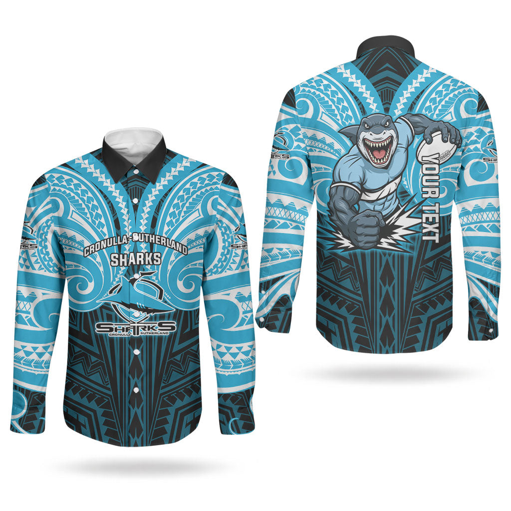 Custom Cronulla-Sutherland Sharks Couples Matching Off Shoulder Maxi Dress and Long Sleeve Button Shirt Shark Warrior Polynesia Islander Rugby Mascot