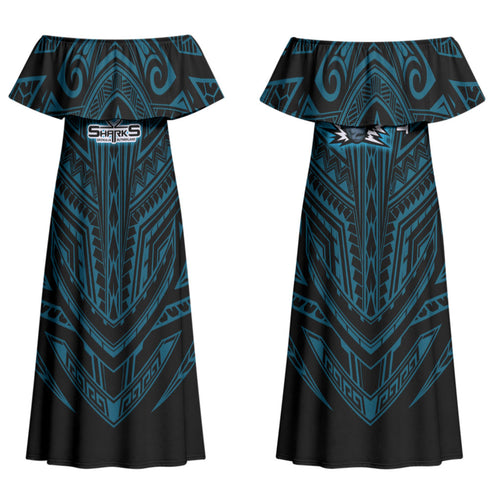 Custom Cronulla-Sutherland Sharks Couples Matching Off Shoulder Maxi Dress and Long Sleeve Button Shirt Shark Warrior Polynesia Islander Rugby Mascot