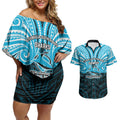 Custom Cronulla-Sutherland Sharks Couples Matching Off Shoulder Short Dress and Hawaiian Shirt Shark Warrior Polynesia Islander Rugby Mascot
