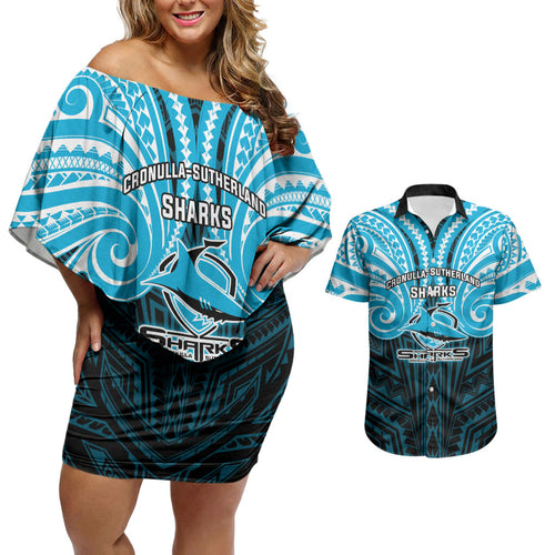 Custom Cronulla-Sutherland Sharks Couples Matching Off Shoulder Short Dress and Hawaiian Shirt Shark Warrior Polynesia Islander Rugby Mascot