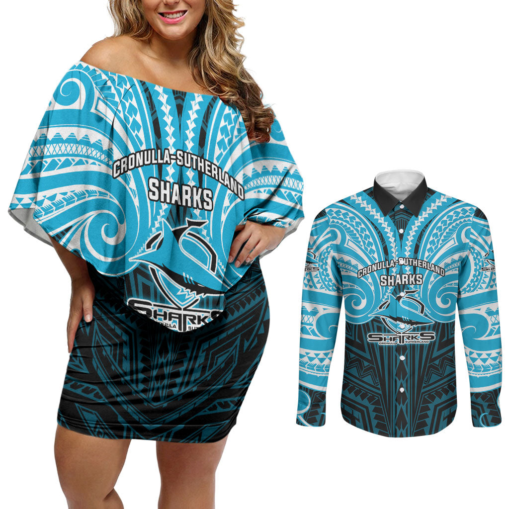 Custom Cronulla-Sutherland Sharks Couples Matching Off Shoulder Short Dress and Long Sleeve Button Shirt Shark Warrior Polynesia Islander Rugby Mascot