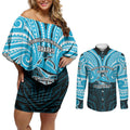 Custom Cronulla-Sutherland Sharks Couples Matching Off Shoulder Short Dress and Long Sleeve Button Shirt Shark Warrior Polynesia Islander Rugby Mascot