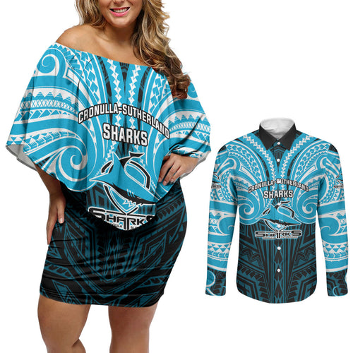 Custom Cronulla-Sutherland Sharks Couples Matching Off Shoulder Short Dress and Long Sleeve Button Shirt Shark Warrior Polynesia Islander Rugby Mascot