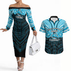 Custom Cronulla-Sutherland Sharks Couples Matching Off The Shoulder Long Sleeve Dress and Hawaiian Shirt Shark Warrior Polynesia Islander Rugby Mascot