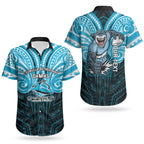 Custom Cronulla-Sutherland Sharks Couples Matching Off The Shoulder Long Sleeve Dress and Hawaiian Shirt Shark Warrior Polynesia Islander Rugby Mascot