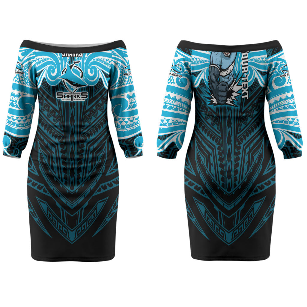 Custom Cronulla-Sutherland Sharks Couples Matching Off The Shoulder Long Sleeve Dress and Hawaiian Shirt Shark Warrior Polynesia Islander Rugby Mascot