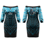 Custom Cronulla-Sutherland Sharks Couples Matching Off The Shoulder Long Sleeve Dress and Hawaiian Shirt Shark Warrior Polynesia Islander Rugby Mascot