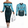 Custom Cronulla-Sutherland Sharks Couples Matching Off The Shoulder Long Sleeve Dress and Long Sleeve Button Shirt Shark Warrior Polynesia Islander Rugby Mascot