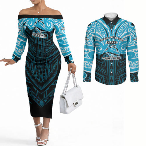Custom Cronulla-Sutherland Sharks Couples Matching Off The Shoulder Long Sleeve Dress and Long Sleeve Button Shirt Shark Warrior Polynesia Islander Rugby Mascot