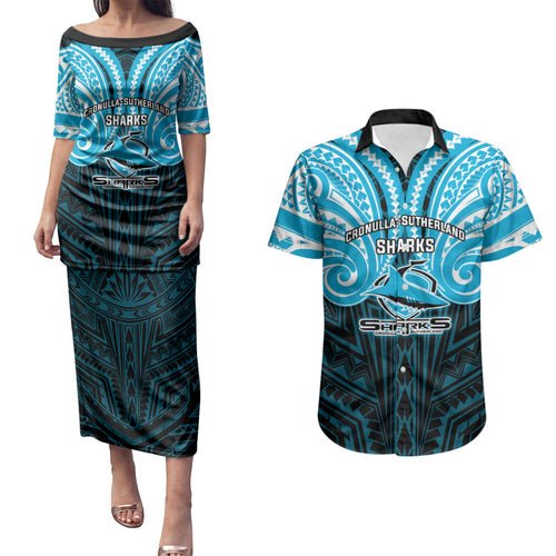 Custom Cronulla-Sutherland Sharks Couples Matching Puletasi and Hawaiian Shirt Shark Warrior Polynesia Islander Rugby Mascot