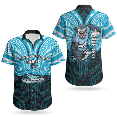 Custom Cronulla-Sutherland Sharks Couples Matching Puletasi and Hawaiian Shirt Shark Warrior Polynesia Islander Rugby Mascot