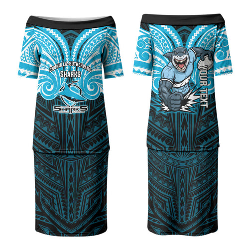Custom Cronulla-Sutherland Sharks Couples Matching Puletasi and Hawaiian Shirt Shark Warrior Polynesia Islander Rugby Mascot