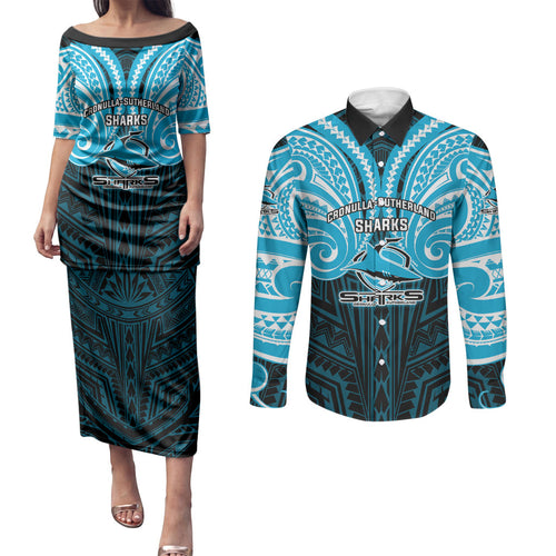 Custom Cronulla-Sutherland Sharks Couples Matching Puletasi and Long Sleeve Button Shirt Shark Warrior Polynesia Islander Rugby Mascot