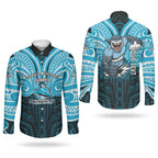 Custom Cronulla-Sutherland Sharks Couples Matching Puletasi and Long Sleeve Button Shirt Shark Warrior Polynesia Islander Rugby Mascot