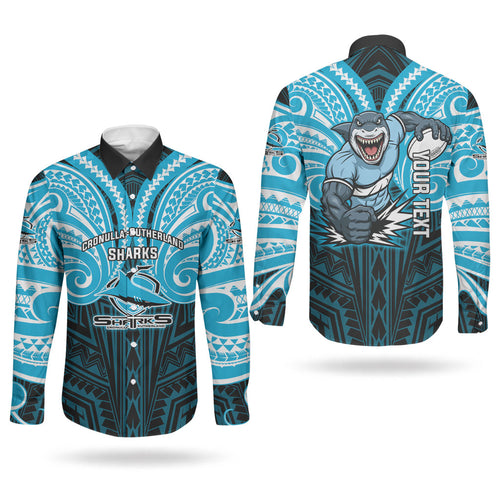 Custom Cronulla-Sutherland Sharks Couples Matching Puletasi and Long Sleeve Button Shirt Shark Warrior Polynesia Islander Rugby Mascot