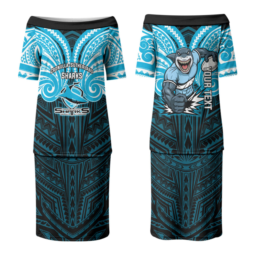 Custom Cronulla-Sutherland Sharks Couples Matching Puletasi and Long Sleeve Button Shirt Shark Warrior Polynesia Islander Rugby Mascot