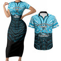 Custom Cronulla-Sutherland Sharks Couples Matching Short Sleeve Bodycon Dress and Hawaiian Shirt Shark Warrior Polynesia Islander Rugby Mascot