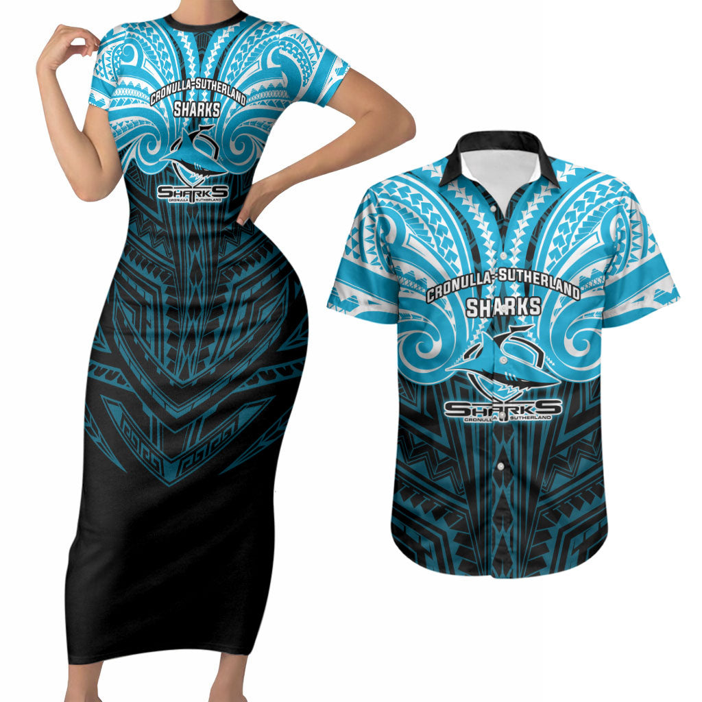Custom Cronulla-Sutherland Sharks Couples Matching Short Sleeve Bodycon Dress and Hawaiian Shirt Shark Warrior Polynesia Islander Rugby Mascot
