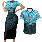 Custom Cronulla-Sutherland Sharks Couples Matching Short Sleeve Bodycon Dress and Hawaiian Shirt Shark Warrior Polynesia Islander Rugby Mascot