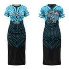 Custom Cronulla-Sutherland Sharks Couples Matching Short Sleeve Bodycon Dress and Hawaiian Shirt Shark Warrior Polynesia Islander Rugby Mascot