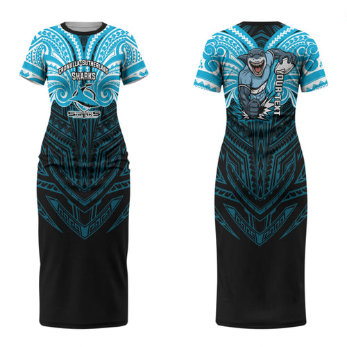 Custom Cronulla-Sutherland Sharks Couples Matching Short Sleeve Bodycon Dress and Hawaiian Shirt Shark Warrior Polynesia Islander Rugby Mascot