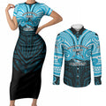 Custom Cronulla-Sutherland Sharks Couples Matching Short Sleeve Bodycon Dress and Long Sleeve Button Shirt Shark Warrior Polynesia Islander Rugby Mascot