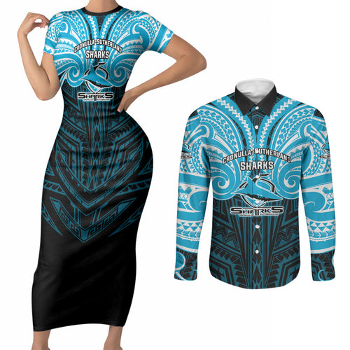 Custom Cronulla-Sutherland Sharks Couples Matching Short Sleeve Bodycon Dress and Long Sleeve Button Shirt Shark Warrior Polynesia Islander Rugby Mascot
